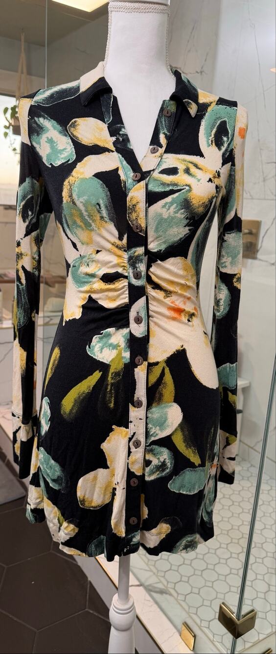 Free People Gianni Midi Dress Floral Ruched Button Flute Sleeves- XS